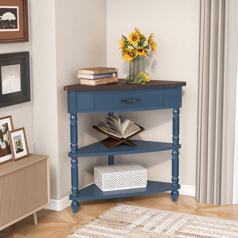 Table basse d'angle compacte à 3 niveaux avec pieds en bois massif, bleu marine / espresso pour les petits espaces