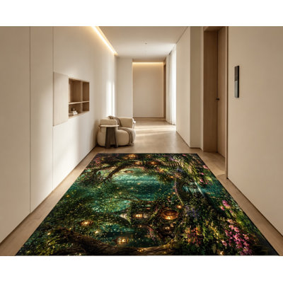 Tapis lavable à la machine avec motif de cabane dans les arbres en forêt magique et envers antidérapant, décor féerique de forêt illuminée et de nature, idéal pour le salon, la chambre, la salle de jeux, le bureau ou un appartement.