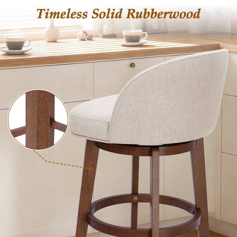 Tabouret de comptoir pivotant H 26 po Martina Modern avec pieds en bois massif (ensemble de 4), Khaki/Linen, 4