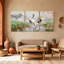 Birds Cranes in Blossom Field Water Reflection, ensemble de 3 impressions d'art sur toile-1872242810