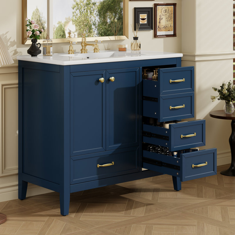 Meuble-lavabo 36 po avec lavabo, Bleu / céramique