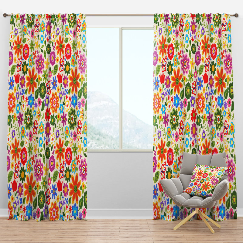 Panneau de rideau simple semi-diaphane avec motif floral rétro bohème et éclectique, l 52 po x L 84 po