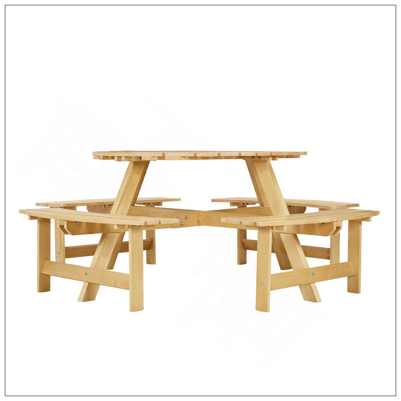 Outdoor 8 Person Picnic Table, 8 Person Round Picnic Table With 4 Built-In Benches, Umbrella Hole, Outside Table And Bench Set For Garden, Backyard, Porch, Patio