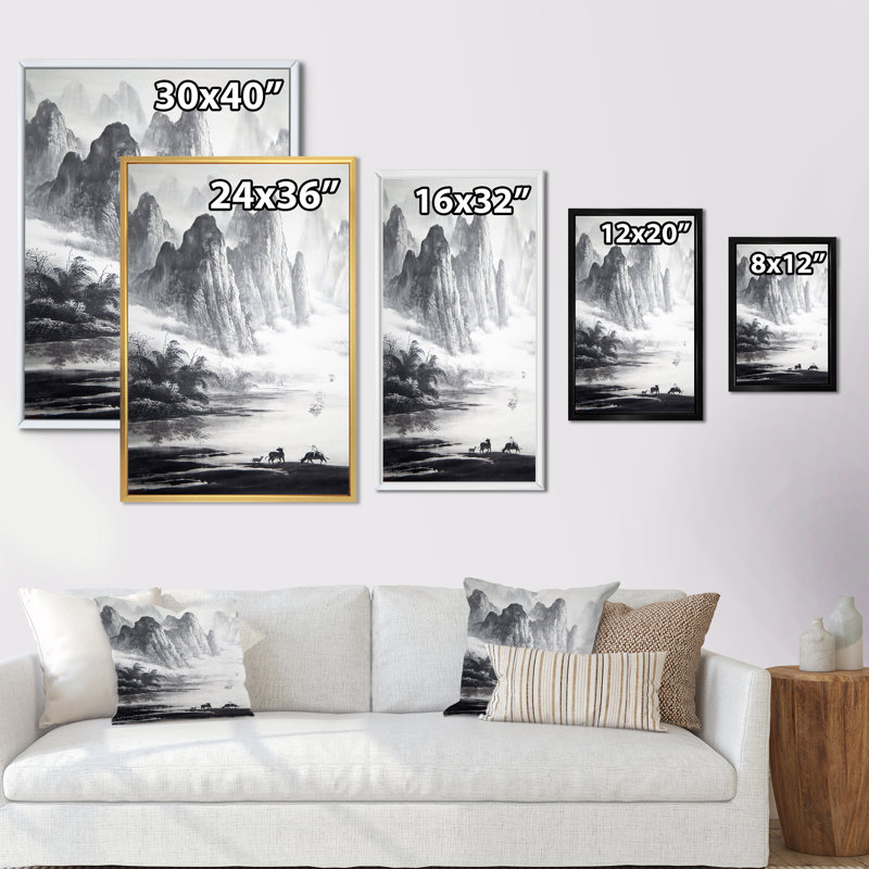 Peinture traditionnelle chinoise, paysage, H 32 po x l 16 po, Toile avec cadre flottant noir