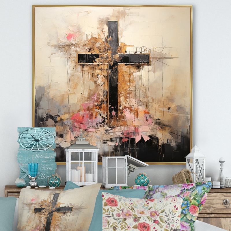 Minimalisme floral, croix religieuse, Cadre flottant doré, H 16 po x l 16 po x P 1 po