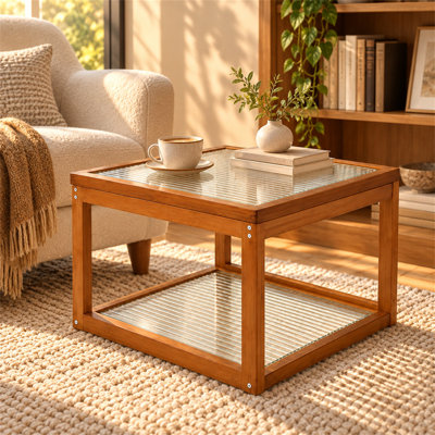Petite table basse carrée avec rangement, bambou véritable à 2 niveaux et table basse en verre cannelé pour le salon