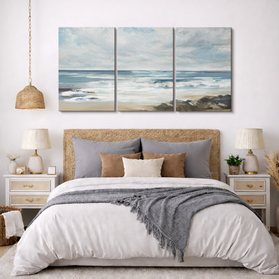 «Coastal Beach Teal Sky Ocean Wave Beach Shore», reproduction sur toile 3 pièces