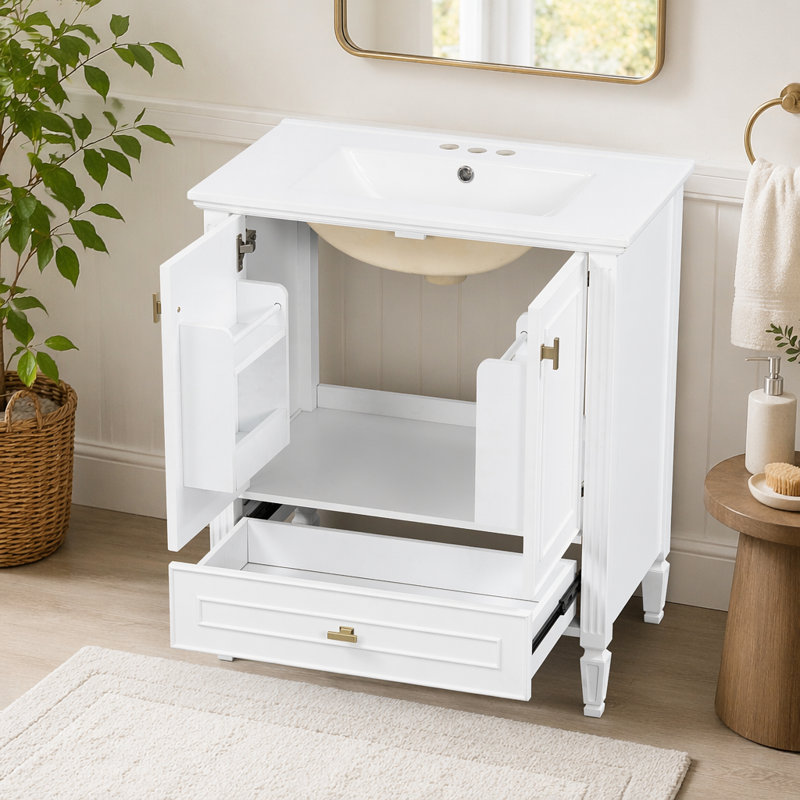 Meuble-lavabo 30 po avec lavabo, meuble-lavabo autoportant avec 1 tiroir et 2 portes à fermeture en douceur avec rangement pour porte