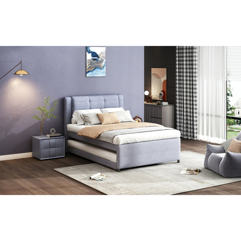 Lit gigogne double avec revêtement en lin gris - plateforme de taille Design flexible en gris. Construire. Aucun sommier tapissier requis. Aire de repos confortable