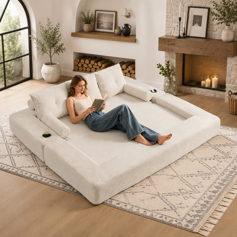 Canapé-lit convertible 3 places, 232 cm (91,33 pouces), sans armature, en velours côtelé, style minimaliste, idéal pour le salon ou la chambre.