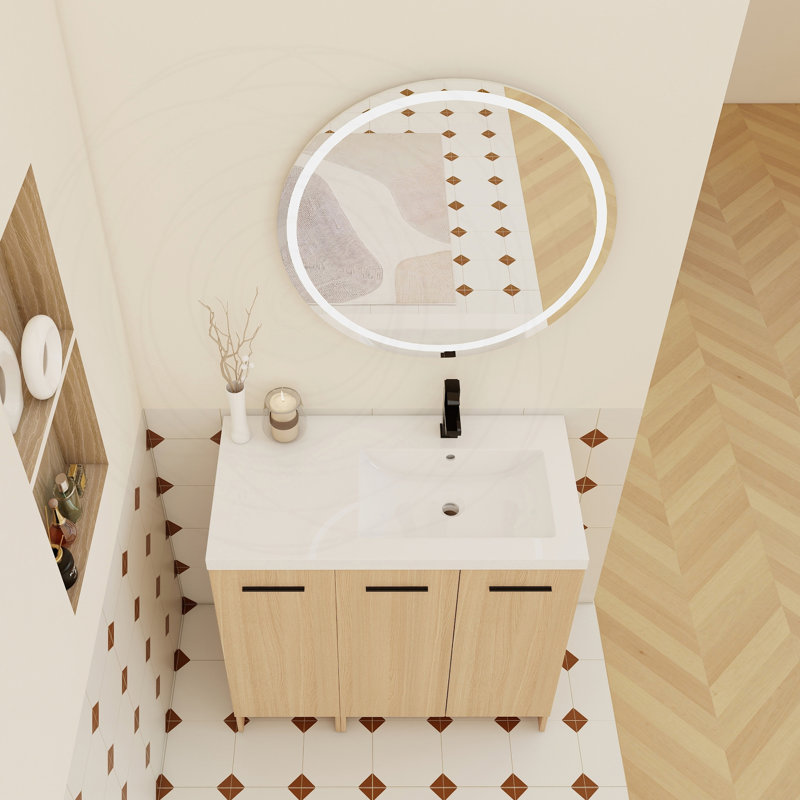 36" Modular Freestanding Bathroom Vanity with Resin Sink Top, Light Oak, Right