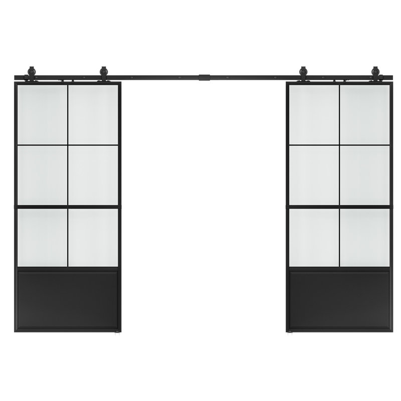 3/4 Lite Metal and Glass Double Barn Door with Installation Hardware Kit and Soft-close, Frosted Glass, 72" x 84"