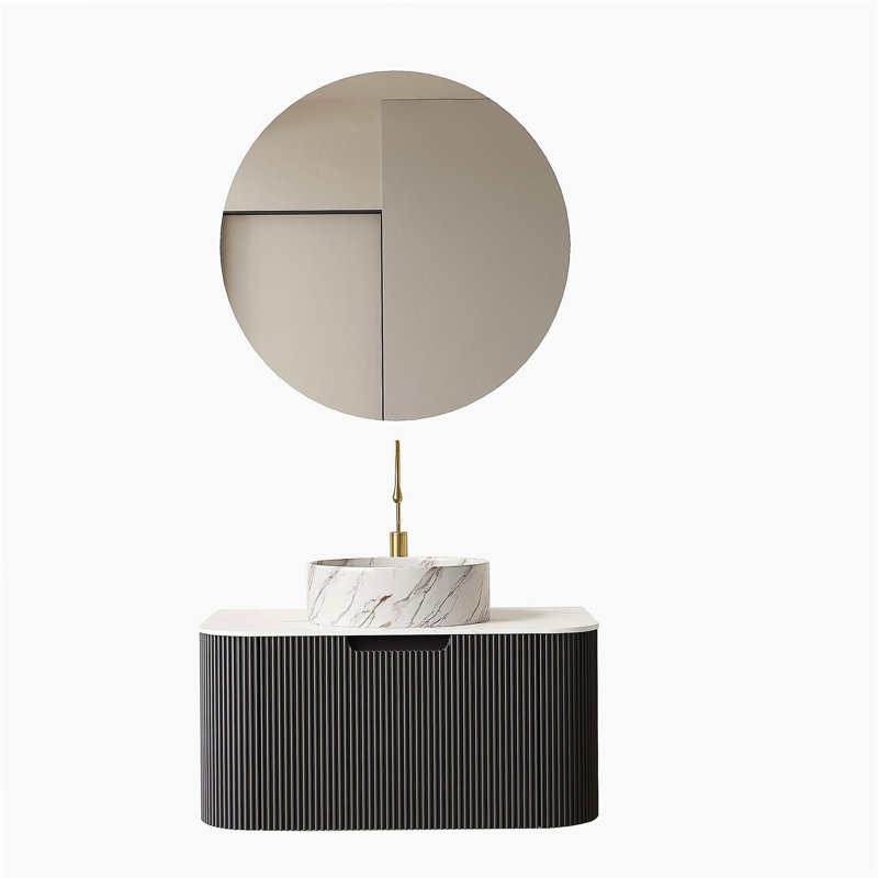 DINA 30" Bathroom Vanity with Sink, Wall-Mounted Floating Curved Edges Striped Bathroom Storage Cabinet with Drawer, White Round Ceramic Basin with Stone Pattern, Pre-assembled, Black Color