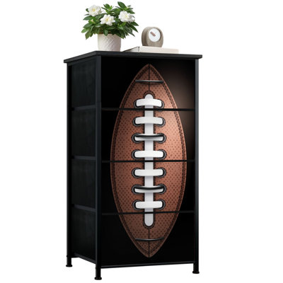 Sport Dresser for Boys Bedroom with 4 Storage Drawers Brown American Football White Textured Surface Dressers Chest of Drawers Steel Framed Fabric Closet Organizers for Dorm Entryway Nursery