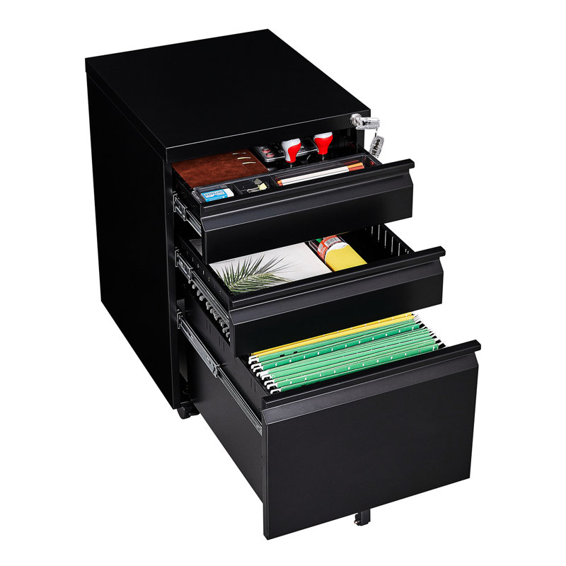Black 3 - Drawer Mobile Filing Cabinet, Office Solution With Lock, 2 Stationery Drawers, 1 Pencil Tray, File For Letter/A4 Hanging Folders, Removable Rods, 5 Mobility, Tipping Design Cabinet Office,