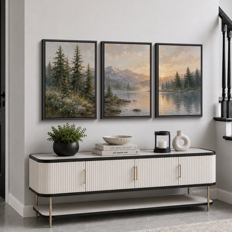 «Mountain Lake Sunset Forest Forest», art de chambre à coucher, impression sur toile encadrée, 3 pièces, Cadre noir