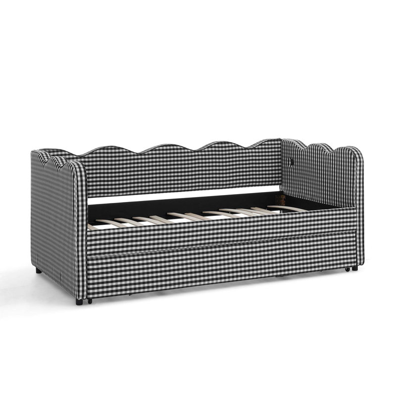 Cozy Gingham Daybed with Trundle,Sofa Bed No Box Spring Needed,with USB Port and Adorable Wave Shaped,Linen Fabric, Black