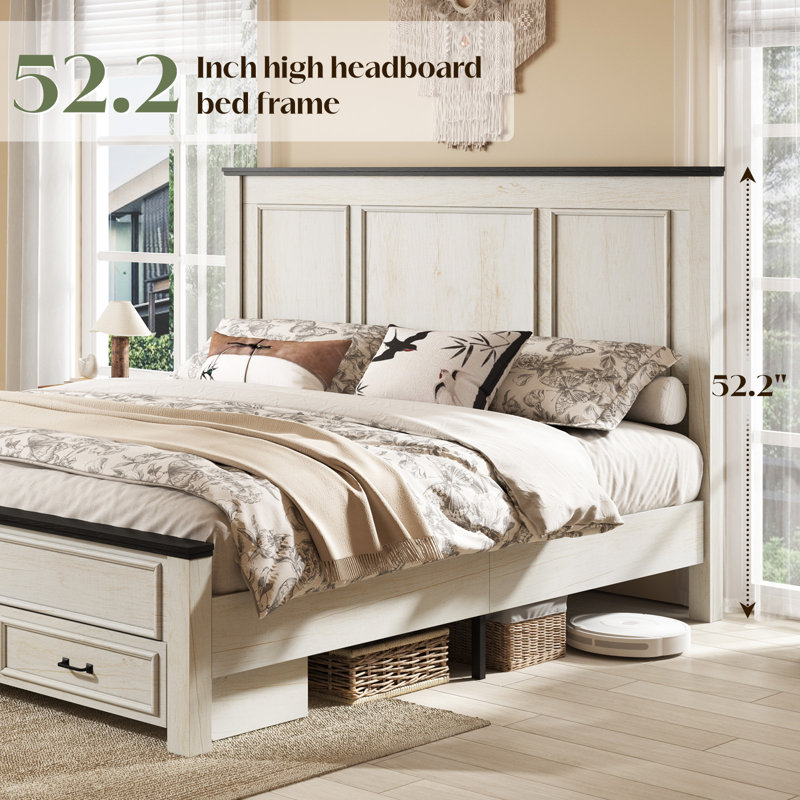 Revan 52.5" H Farmhouse King Bedframe with Storage Drawers, White, White, King