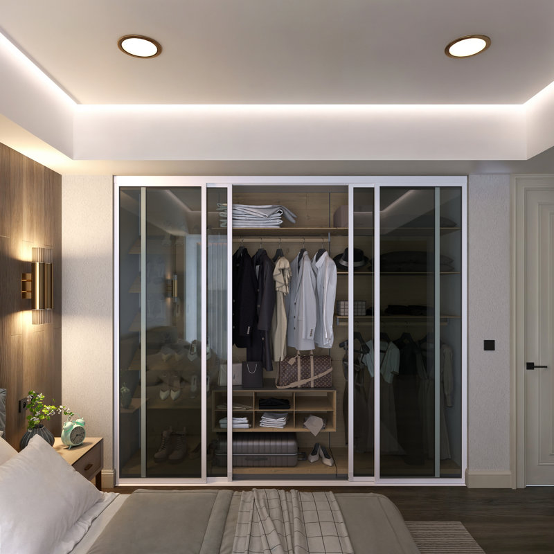 Garde-robe coulissant 4 panneaux en verre fumé Lite, Blanc, 120 po x 80 po