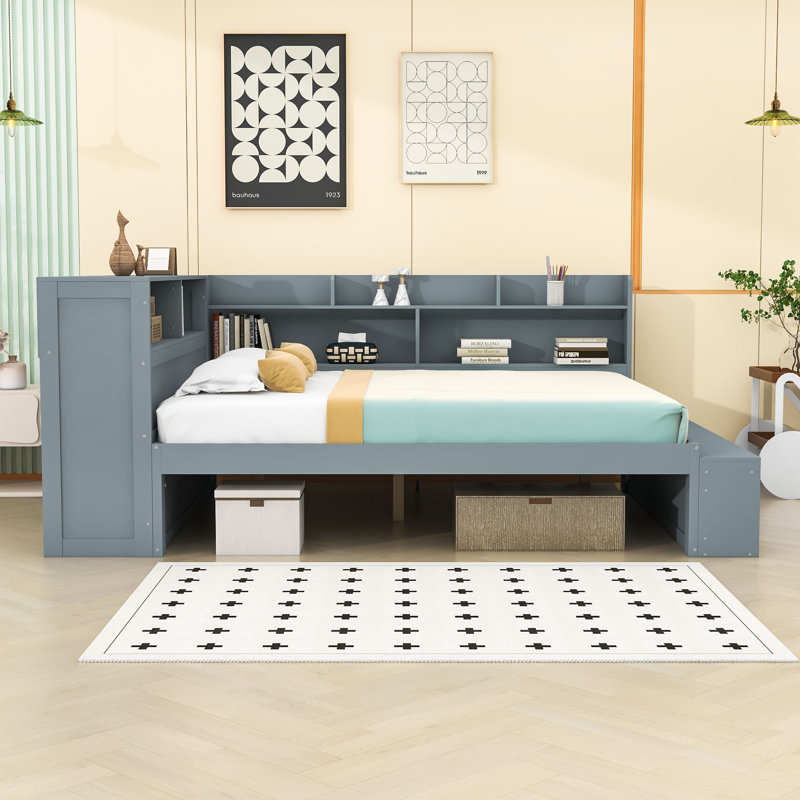 Lit de jour double en bois avec rangement et ports de charge USB, Gris