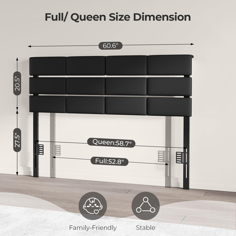 Upholstered Headboard With RGB LED Light Charging Station Height Adjustable, Full/Queen\, Black Velvet