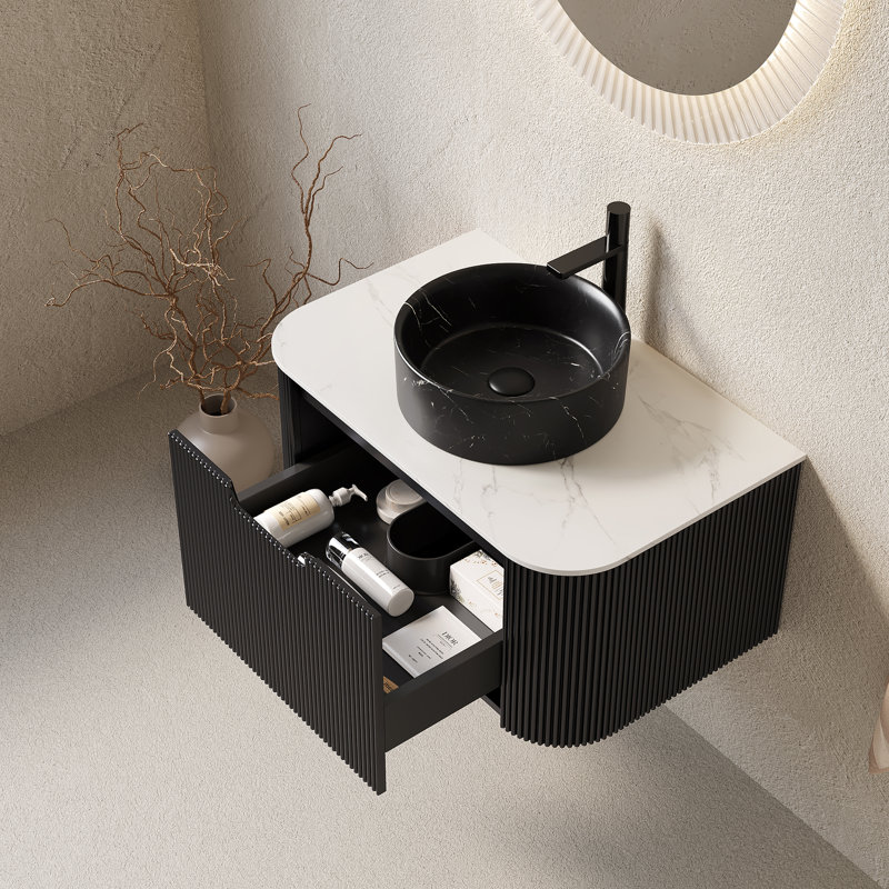 Élégant meuble-lavabo noir en pierre avec lavabo, solution de rangement moderne