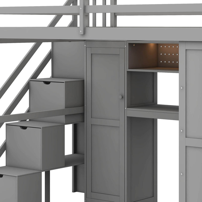 Structure de lit mezzanine avec bureau d'étude intégré et lumières DEL, lit mezzanine en bois avec garde-robe, tablettes de rangement