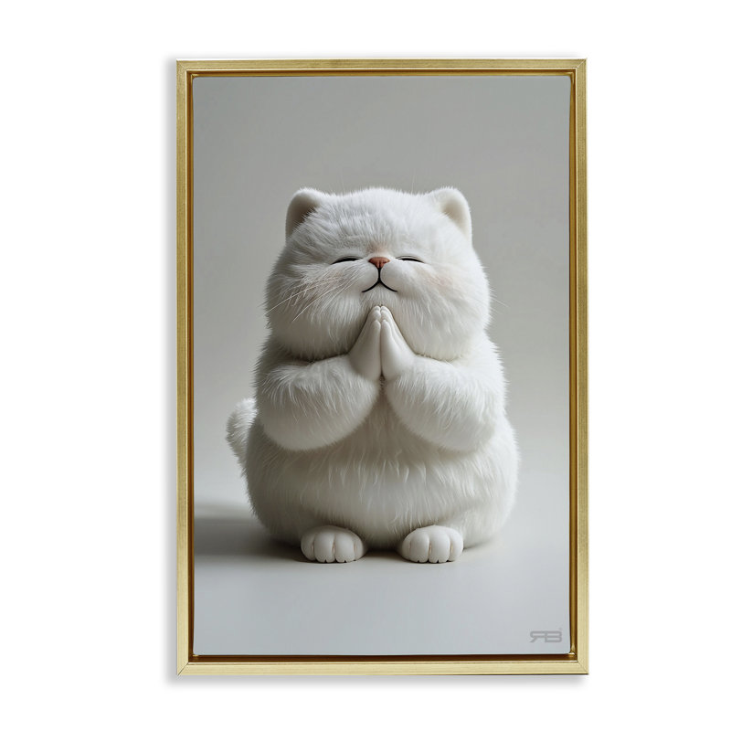 «Fluffy Praying Cat» par Roozbeh Bahramali, H 25 po x l 17 po, Cadre flottant métallique doré