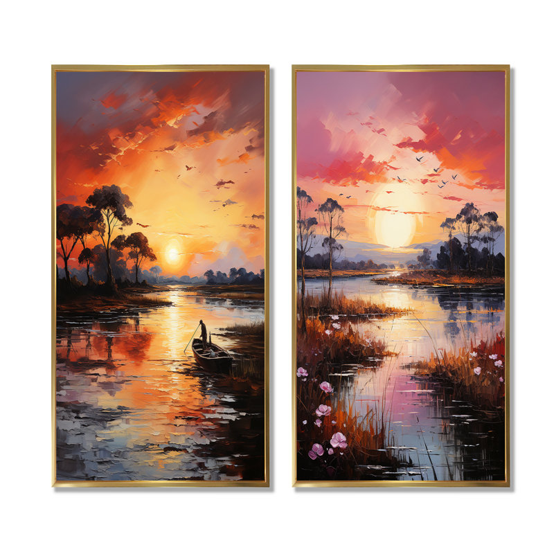 «Lakeside Sunrise Tranquility - Lake River», ensemble de 2 reproductions d'art sur toile, Encadrement doré, H 28 po x l 25 po