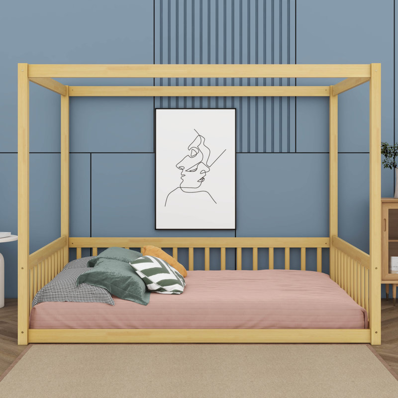 Lit à baldaquin avec barrières de sécurité, cadre et clôture en bois d'hévéa, lit cabane pour enfants favorisant l'imagination.