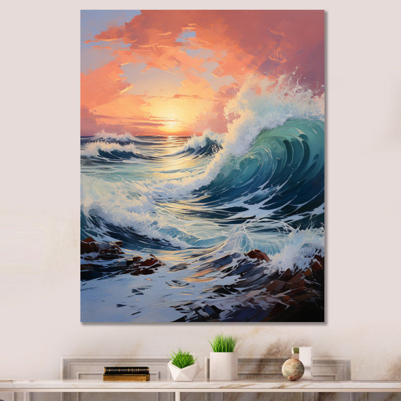Orange, bleu sarcelle, vagues côtières II - impression, H 20 po x l 12 po x P 1 po, Toile tendue