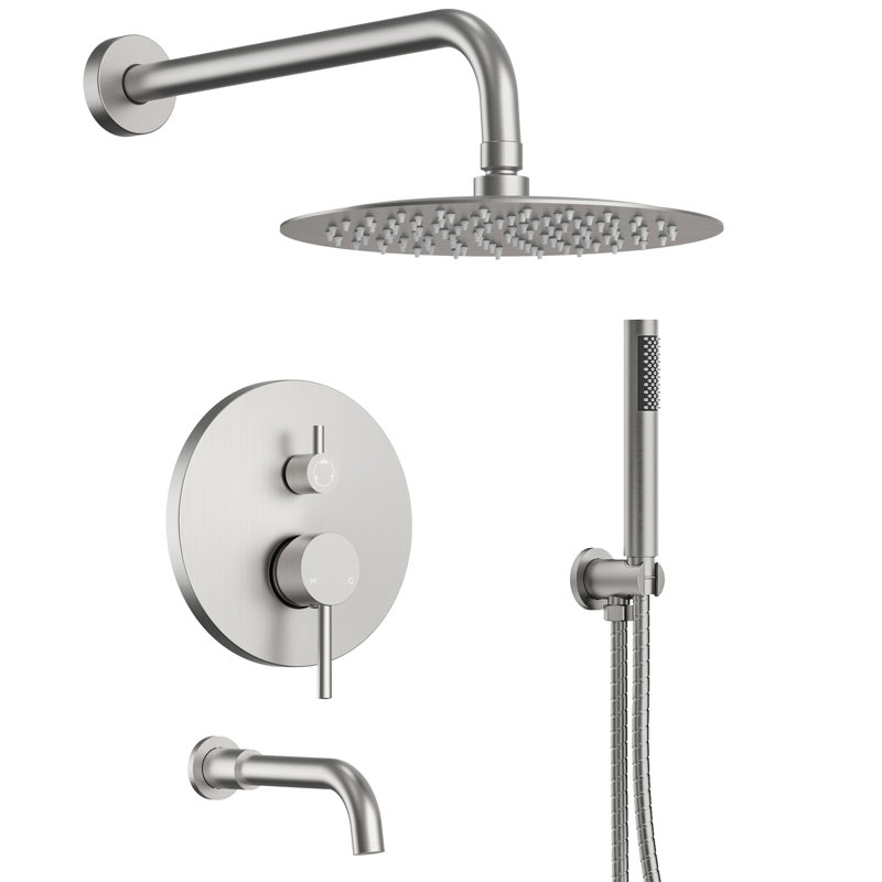 Robinet de baignoire et douche à pluie mural 10 "avec douche à main et valve à pression équilibrée, Nickel brossé