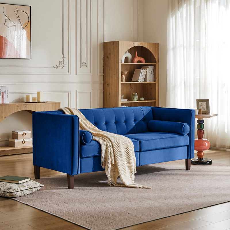 Haahris 69'' W Tuxedo Arm Upholstery Velvet Loveseat Sofa, Blue Velvet