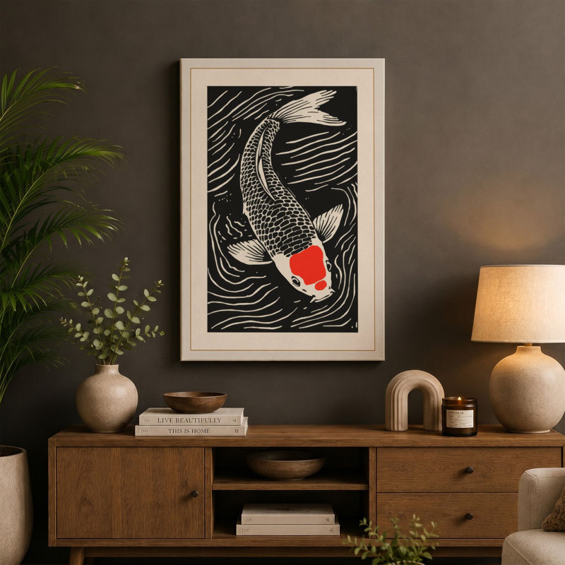 Koi in Black Water Art Deco - Wrapped Canvas, 18x12 - 45.7 x 30.5 cm, Black Border