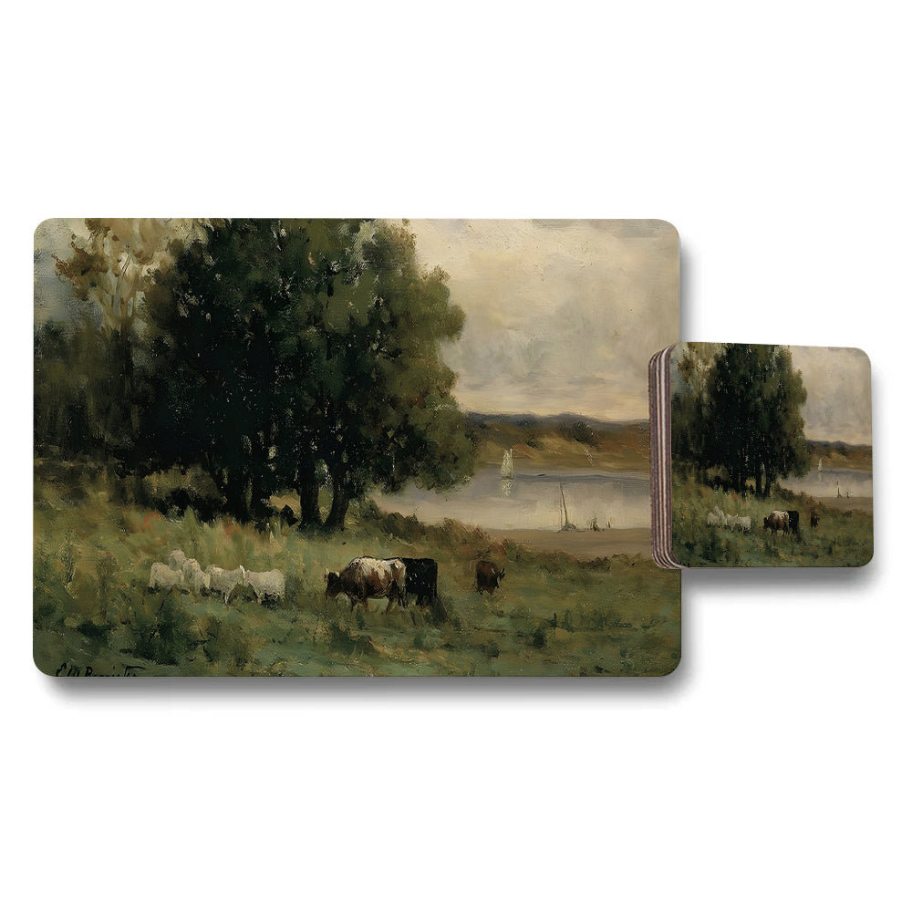 Pastoral Landscape Placemat And Coaster Set With Cows By River