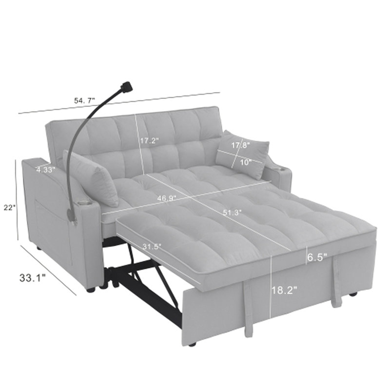 Lit convertible 3 en 1 en velours, 2 places, ajustable, housses de coussin et coussins décoratifs, futon gris pour appartements, inclinable, peu encombrant, petites pièces