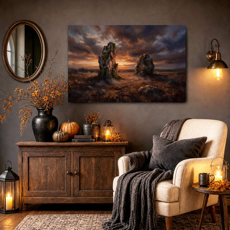 Formations rocheuses moussues sous un coucher de soleil spectaculaire - Toile murale d'Halloween, H 32 po x l 48 po