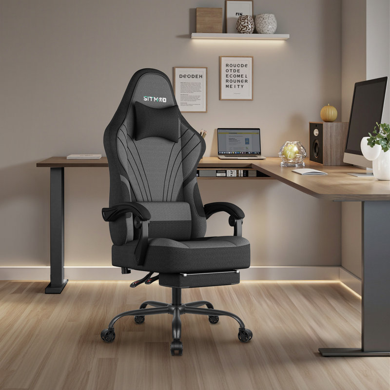 Fabric Gaming Chair with Footrest&Lumbar Support, Ergonomic High-Back, Gray