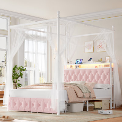 👑 LED Canopy Bed Frame with USB Charging & Drawers, Metal Bed Frame with 2-Tier Shelves, Canopy Bed Convertible to Platform Storage Bed by Wrought Studio 👑 LED Canopy Bed Frame with USB Charging & Drawers, Metal Bed Frame with 2-Tier Shelves, Canopy Bed Convertible to Platform Storage Bed by Wrought Studio