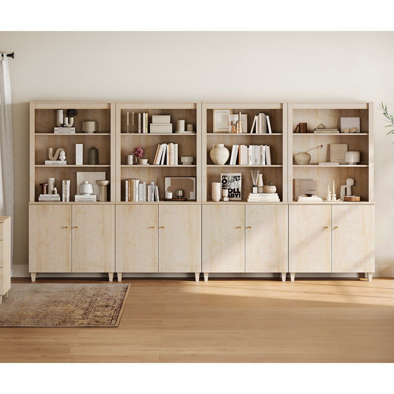 71 Inches Tall Bookcase With Doors, 5-Tier Bookshelf With Storage Cabinet For Home Office, Living Room, 142" Wide, 4 Column