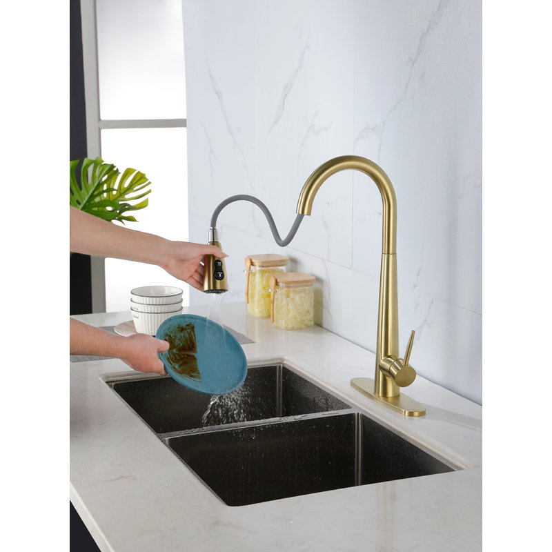 Versatile Pull-Out Spray Kitchen Faucet with 360° Rotation and Multiple Water Settings for Efficient Use, Brushed Gold