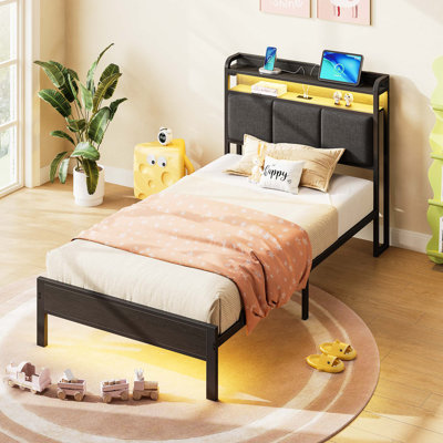 Bed with Bookcase Storage Headboard, Upholstered Bed with Power Outlets &  RGB LED Lights