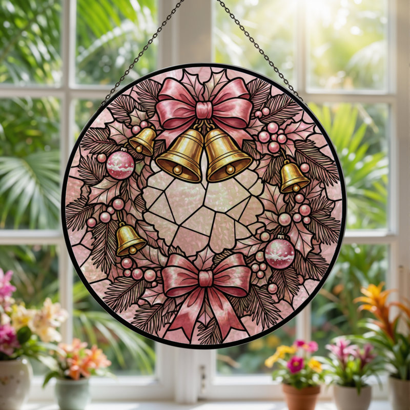 12"H Christmas Bell Stained Glass Window Panel