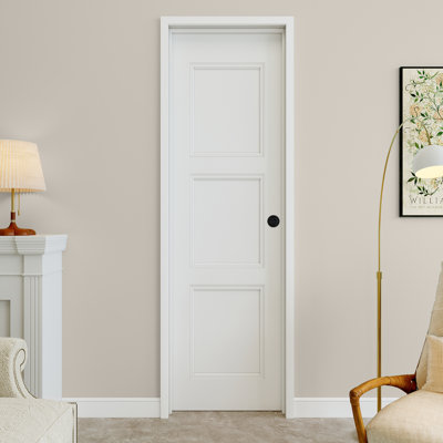 Porte intérieure pré-suspendue 24 po x 80 po à 3 panneaux avec levier incurvé et charnières noires et cadre gauche, pouvant être peint et imperméable, combinaison pour la lessive, portes de placard, portes de pièce