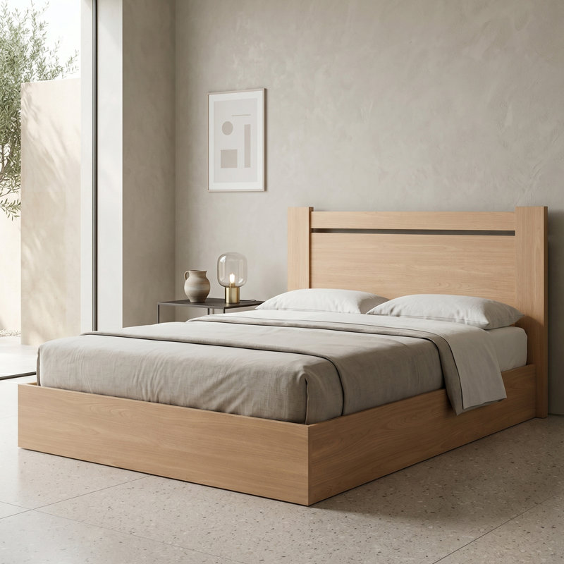 Lit plateforme moderne en bois avec tête de lit horizontale et rangement relevable, double, bois naturel, Lit double
