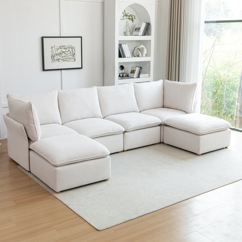Hepworth Dejohn Corduroy Sectional Sofa With Two Ottomans, 36" H x 125" W x 62.5" D, White Corduroy