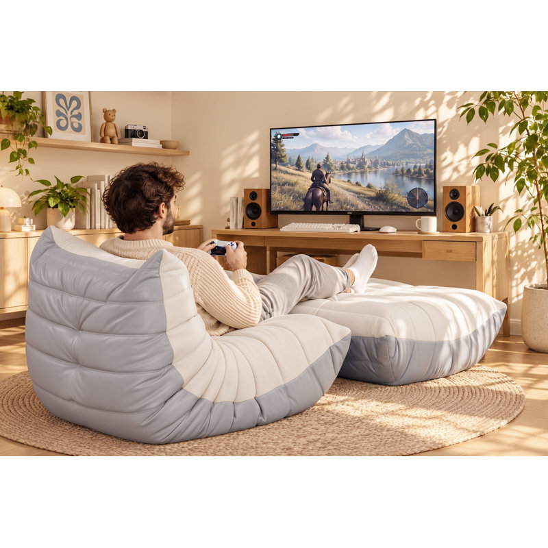 Fauteuil à billes 33 po avec repose-pieds Mactching 33 po pour salon, sans assemblage, Beige et gris clair