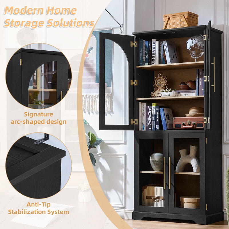 72" Curved Glass Door Bookcase, Black