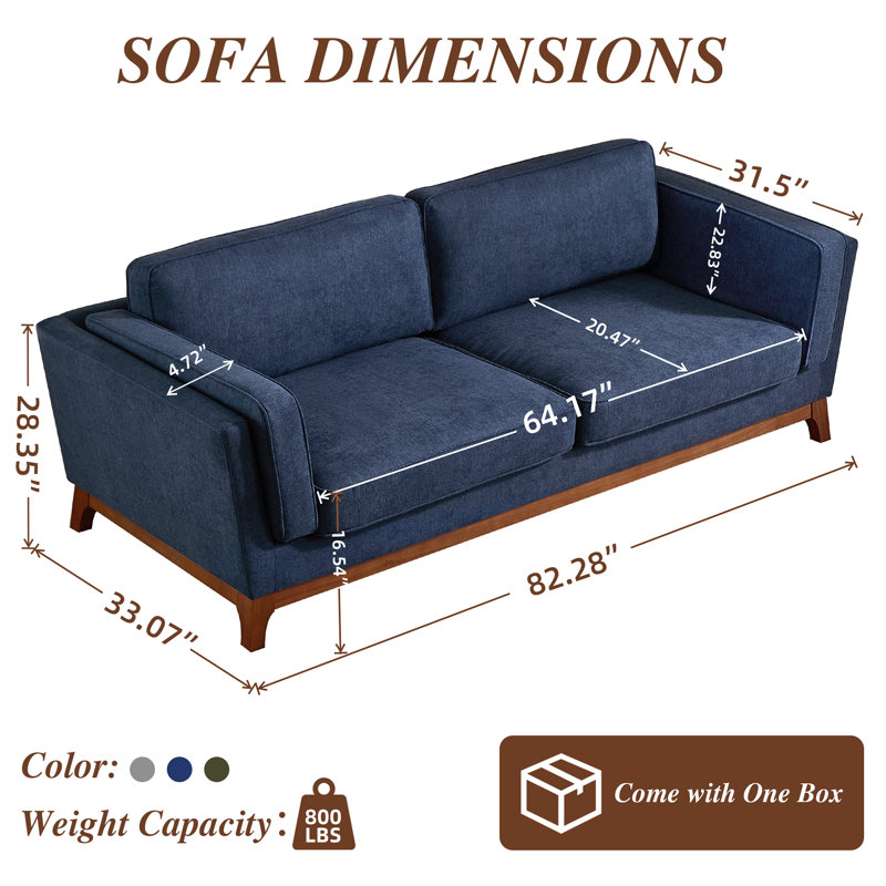 82" Upholstered Modern Square Arm Sofa, Blue