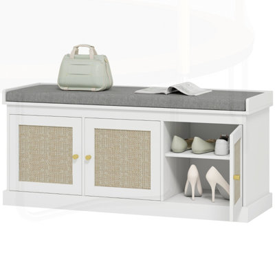 Boho Style Shoe Storage Bench with Woven Rattan Doors and Extra-Wide Comfortable Seating, Ideal for Entryways and Bedrooms